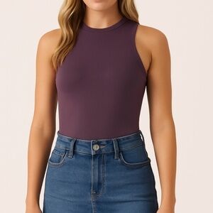 Reoria Purple High Neck Sleeveless Bodysuit Size M Stretchy Fitted Snap Closure